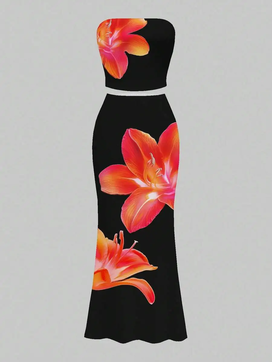 Set di top corto senza spalline con stampa floreale da donna e gonna lunga, completo estivo per feste in spiaggia