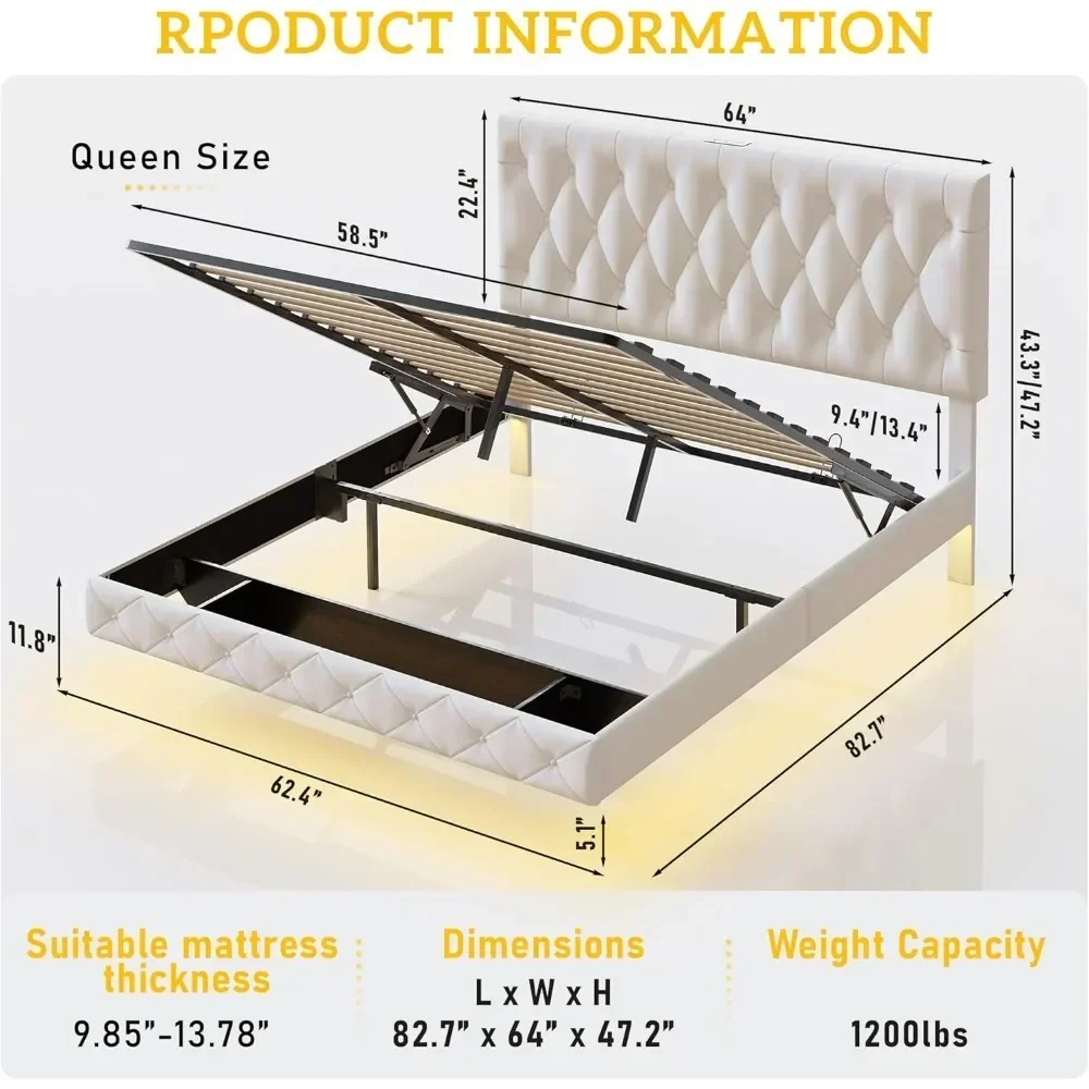 Queen Lift Up Storage Bed Frame with Adjustable Headboard LED Lights Charging Station，No Box Spring Needed，Floating Bed Frame