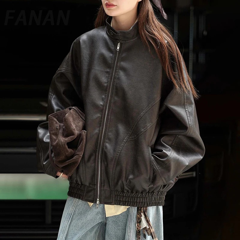 

FANAN винтажные кожаные куртки для женщин с воротником-стойкой и двойной молнией, свободные пальто, модная уличная одежда, одежда, новинка осени 2023 г.