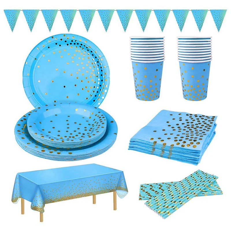 127 Pack Party Tableware Set Serve 25 Party Supplies Blue Bronzing Foil Paper Plates Napkins Cups Straws Table Linen Set