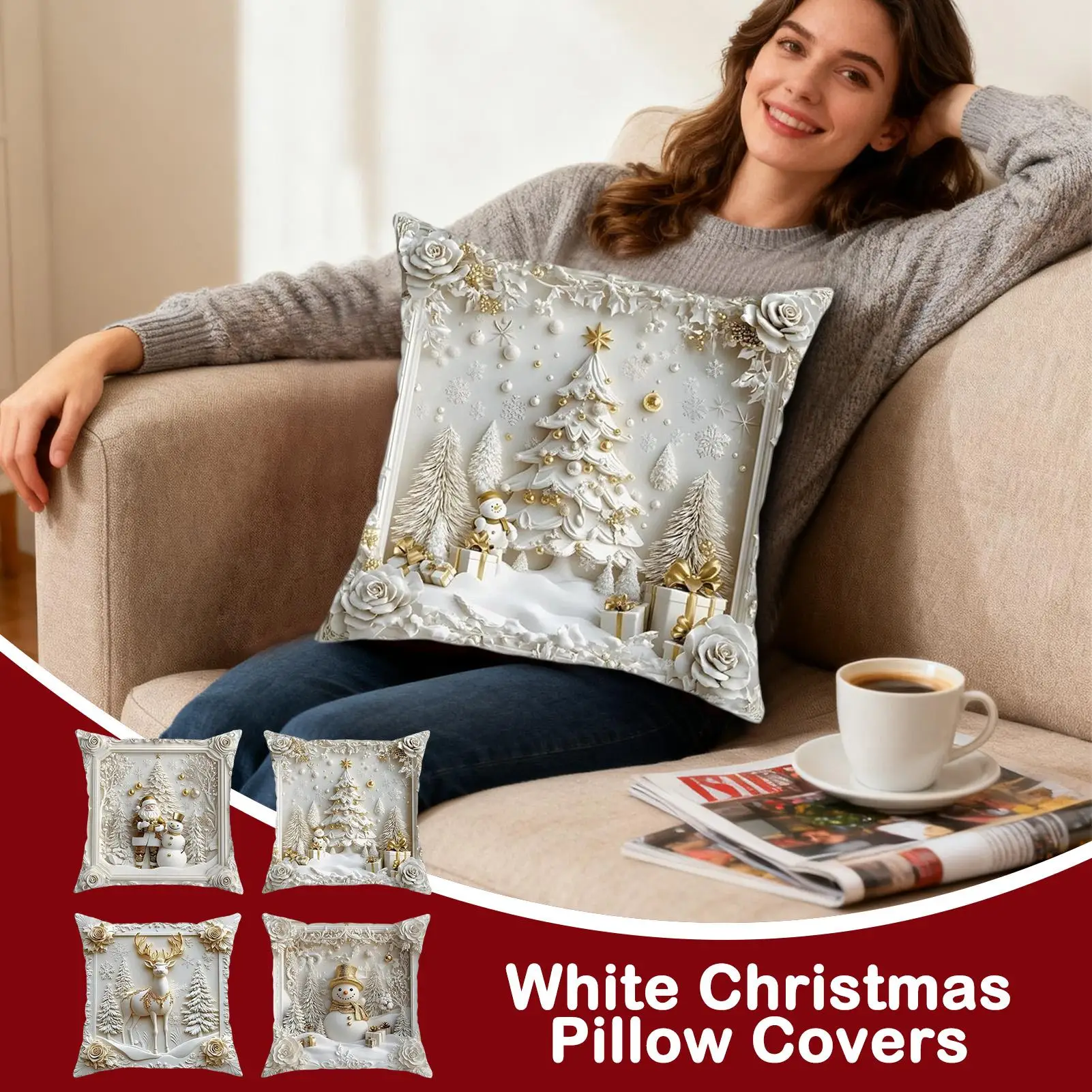 Christmas Throw Pillow Covers 4 Pieces 18x18 Inch Snowflake Decorations Christmas Throw Pillow Case For Reading Sitting Massage