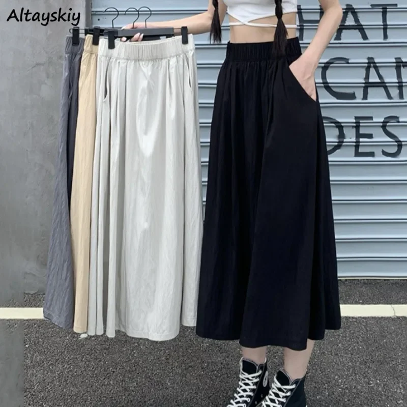 

Korean Style Skirts for Women Loose College Ins High Waist Girls Chic Summer Thin Pockets Retro Young Solid Minimalist Casual