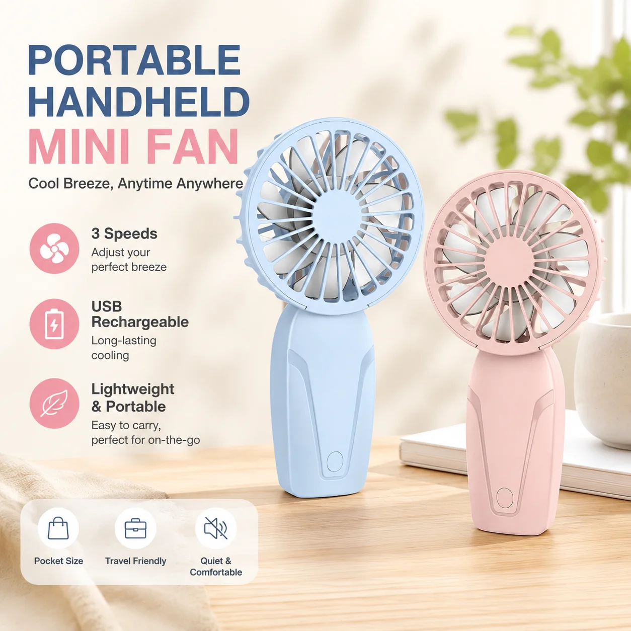 Portable Handheld Mini Fan, USB Rechargeable Small Pocket Fan with 3 Speeds, Cute ABS Lightweight Personal Cooling Fan for