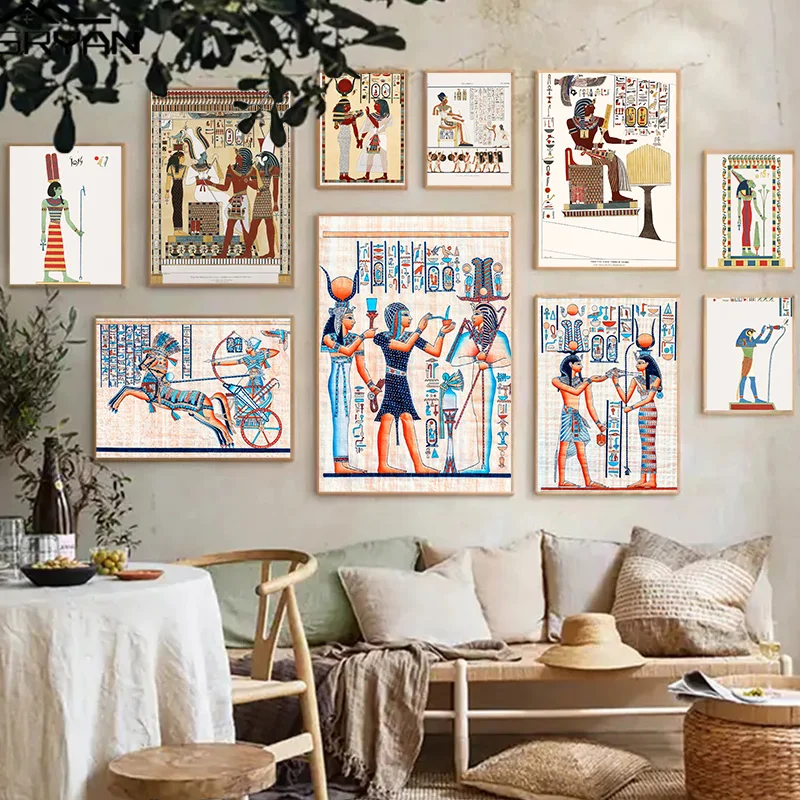 Vintage Egyptian Mural Painting Canvas Poster Pharaoh Anubis Wall Art Picture for Living Room Bedroom Playroom Modern Home Decor