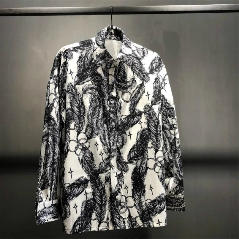 Feather printed long sleeved original design fashion shirt for Men Women loose thin Turndown Collar Top Blouse Y4248