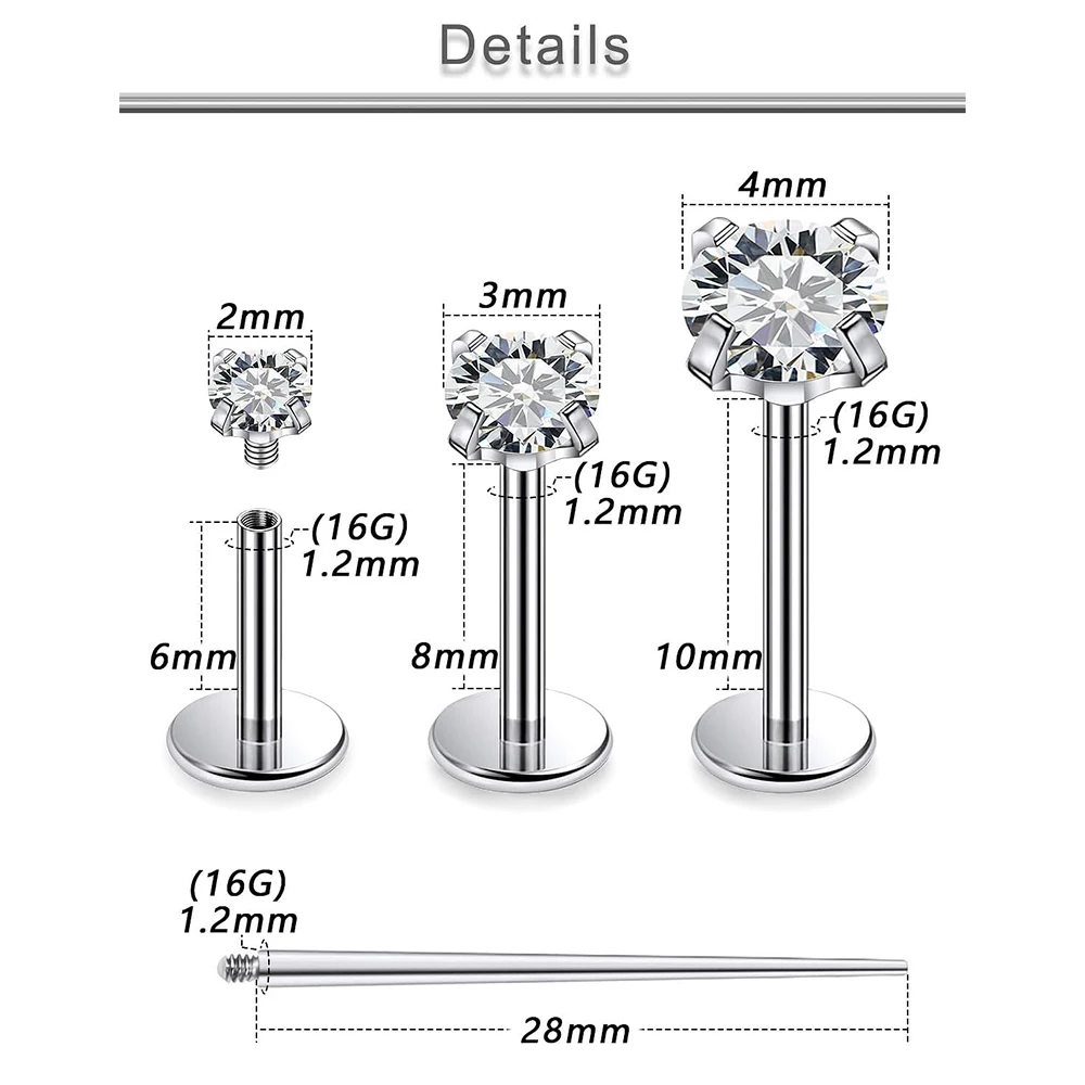 13 PCS Labret Piercing Set Surgical Steel CZ Zirconia Lip Stud Bar Earring Cartilage Tragus Flat Back Earrings Body Jewelry 16G