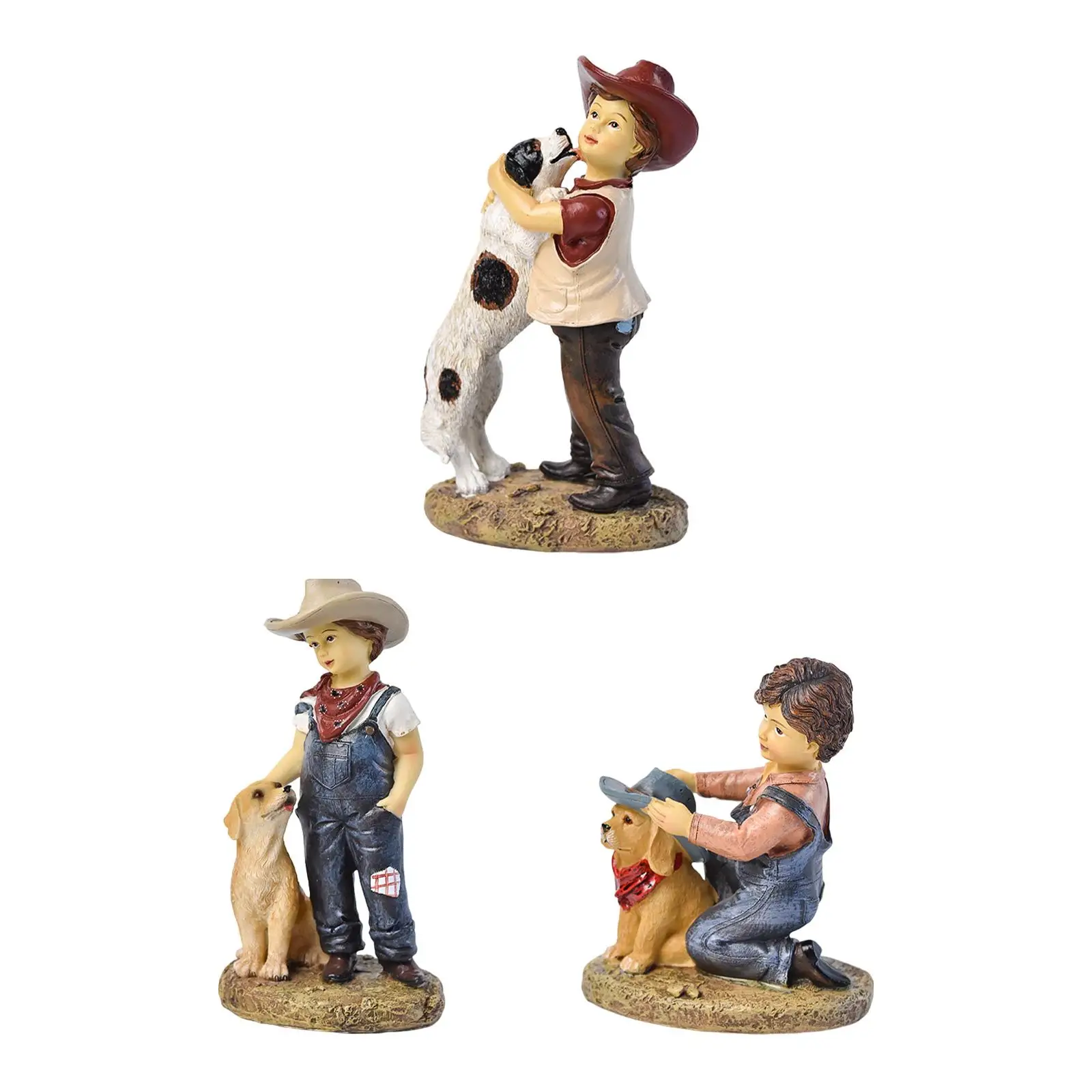 Boy and Dog Statue Standing Cute Gift Centerpiece for Bookcase Tabletop Home