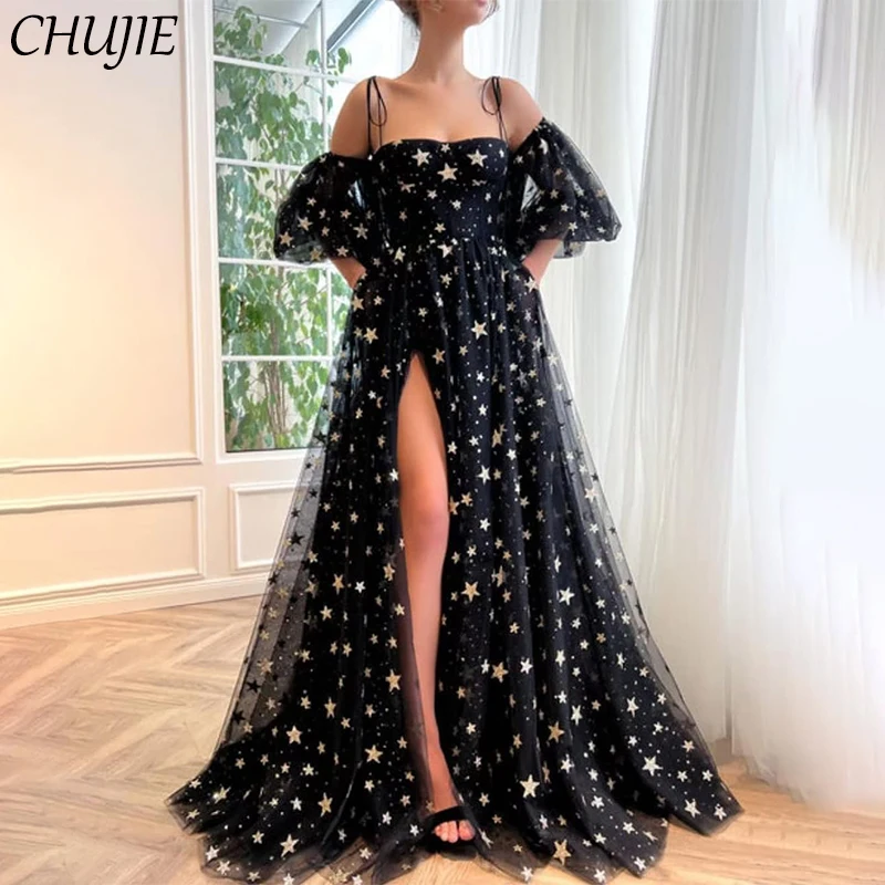 

Black Sparkly Star Women Prom Dress Evening Dresses Summer Beach Wedding Party Gowns A Line Customized Celebirty Birthday Dress