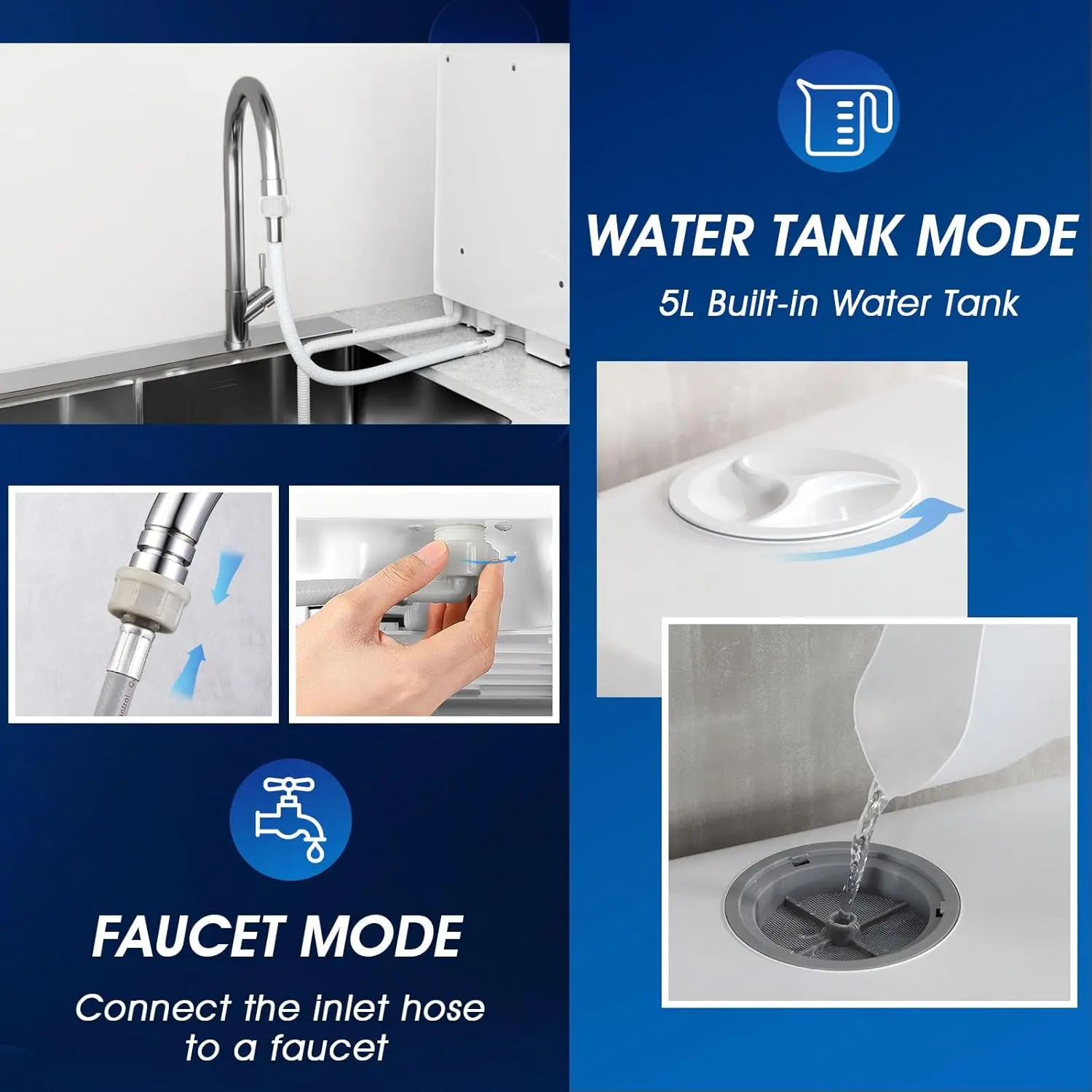 غسالة أطباق منزلية صغيرة أوتوماتيكية بالكامل مع تطهير درجة حرارة عالية وتجفيف الهواء الساخن لـ 5 مجموعات من أدوات المطبخ.