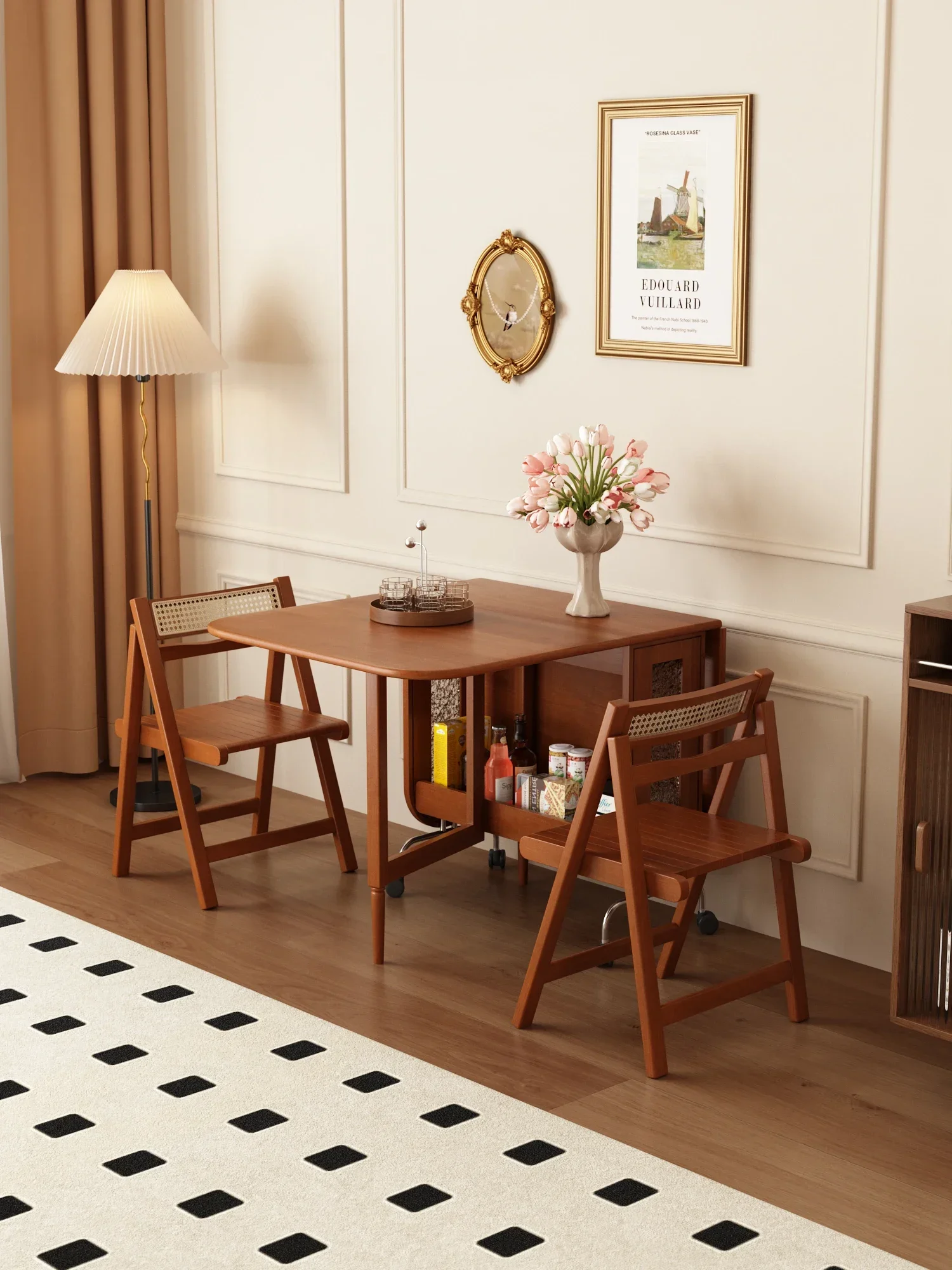 Solid wood folding dining table mobile storage integrated table retractable dining table