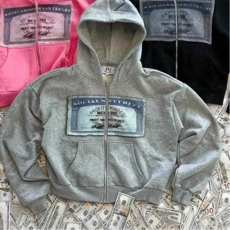 Europäischer und amerikanischer Y2K Street Banknote Pattern Bedruckter Modetrend-Hoodie für Männer und Frauen Lose Kapuzen-Reißverschluss-Hoodie Y2K