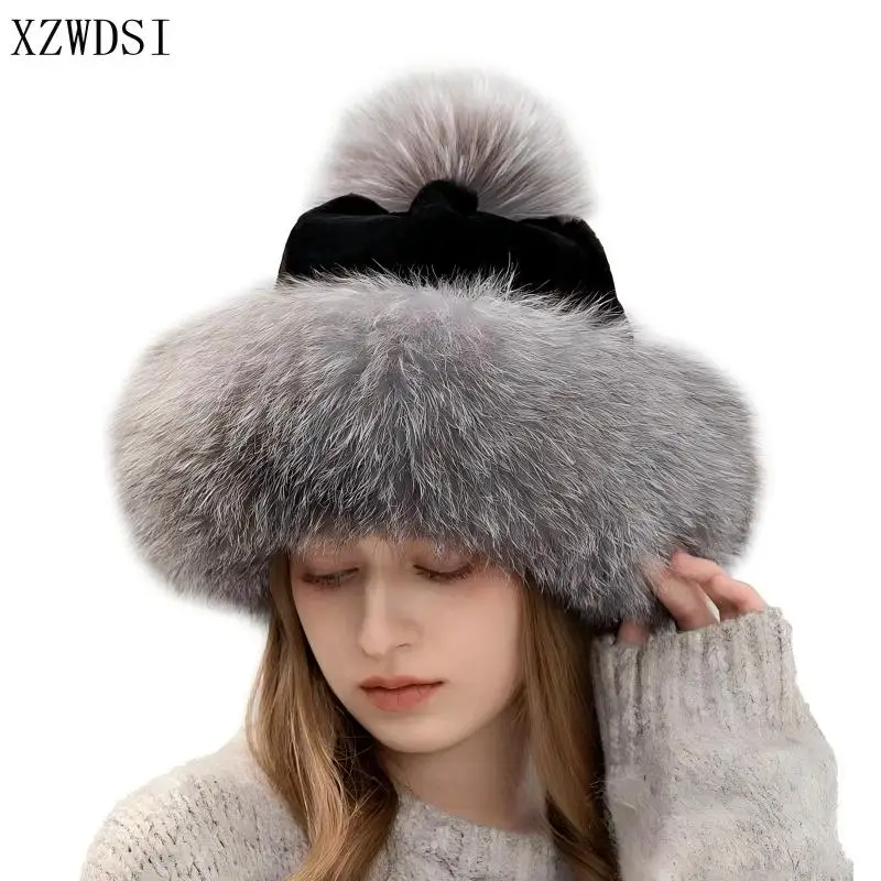 Luxurious Mongolian Princess Hats Real Rex Rabbit Fur Women Hat with Fox Fur Pompom