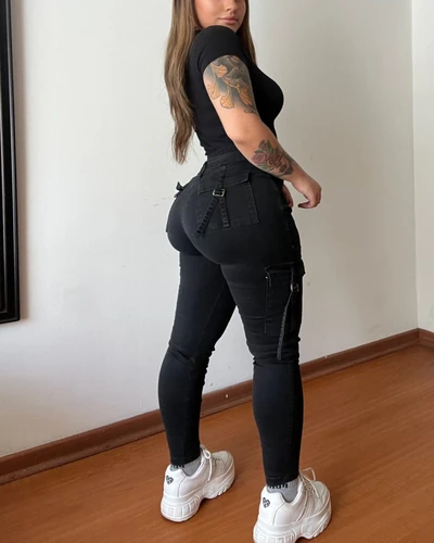 Imagen 2 del producto Pantalones vaqueros elásticos sin costuras para mujer, mallas ajustadas de talla grande con bolsillo para entrenamiento y correr, con cinturón