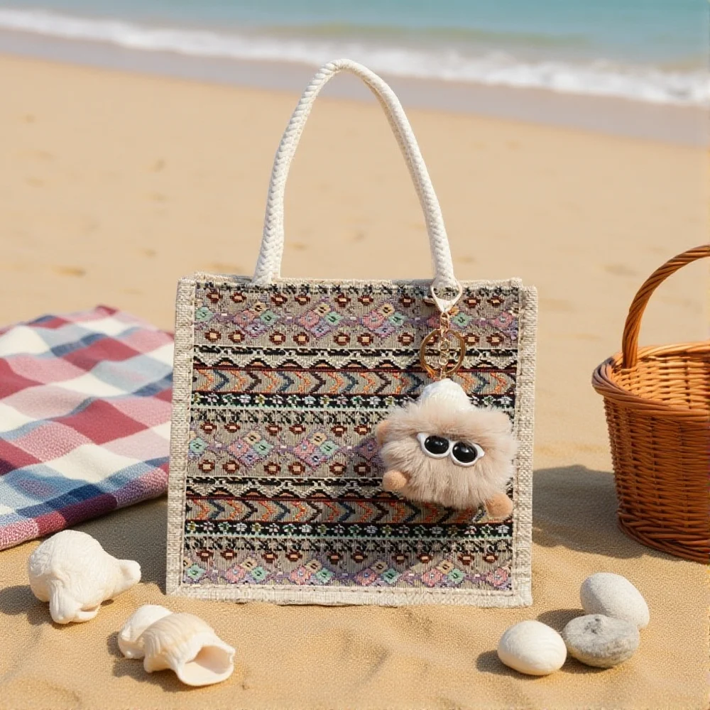 

Linen Portable Bento Bag Fashion Ethnic Style Women Tote Bag Large Capacity Handbags Hemp Lunch Box Bag Shopping Bag For Student