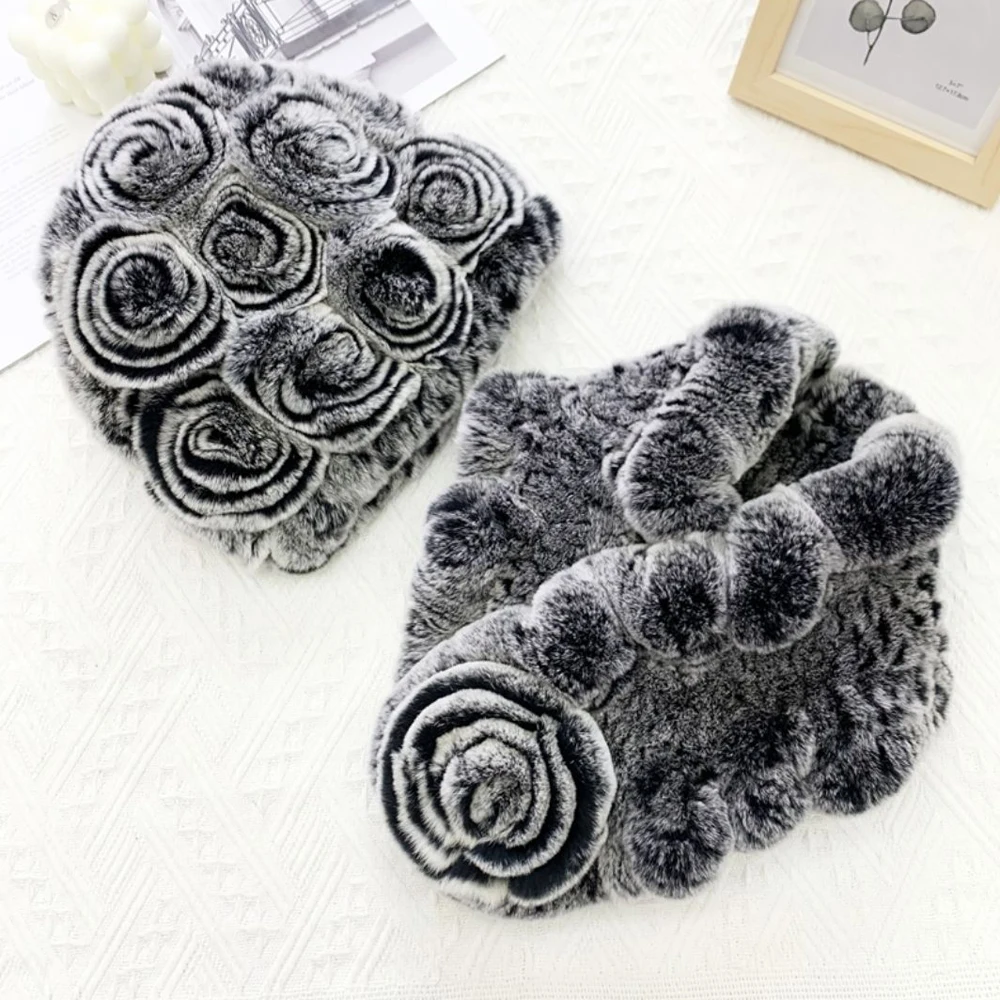 New Women Winter Fur Hat Scarf Sets Natural Warm Real Rex Rabbit Fur Cap Scarves Lady Knitted Warm 100% Genuine Fur Hats Muffler