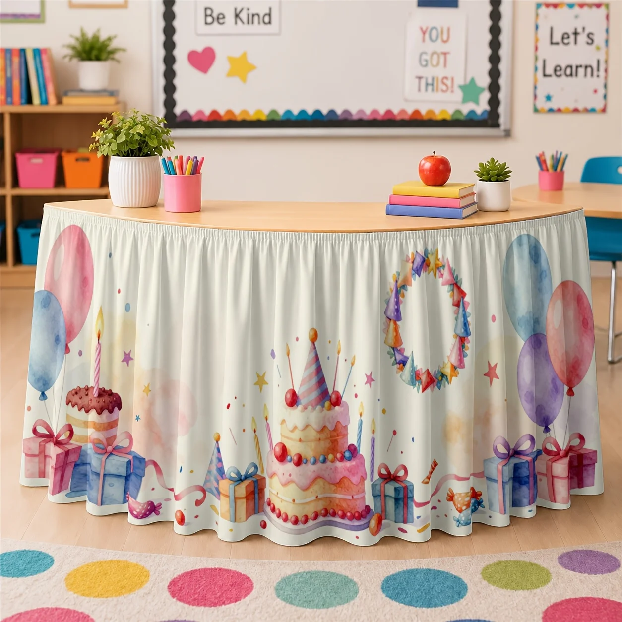 1 table skirt, birthday celebration table skirt, printed, holiday colorful, cake balloon confetti gift decorative table cover