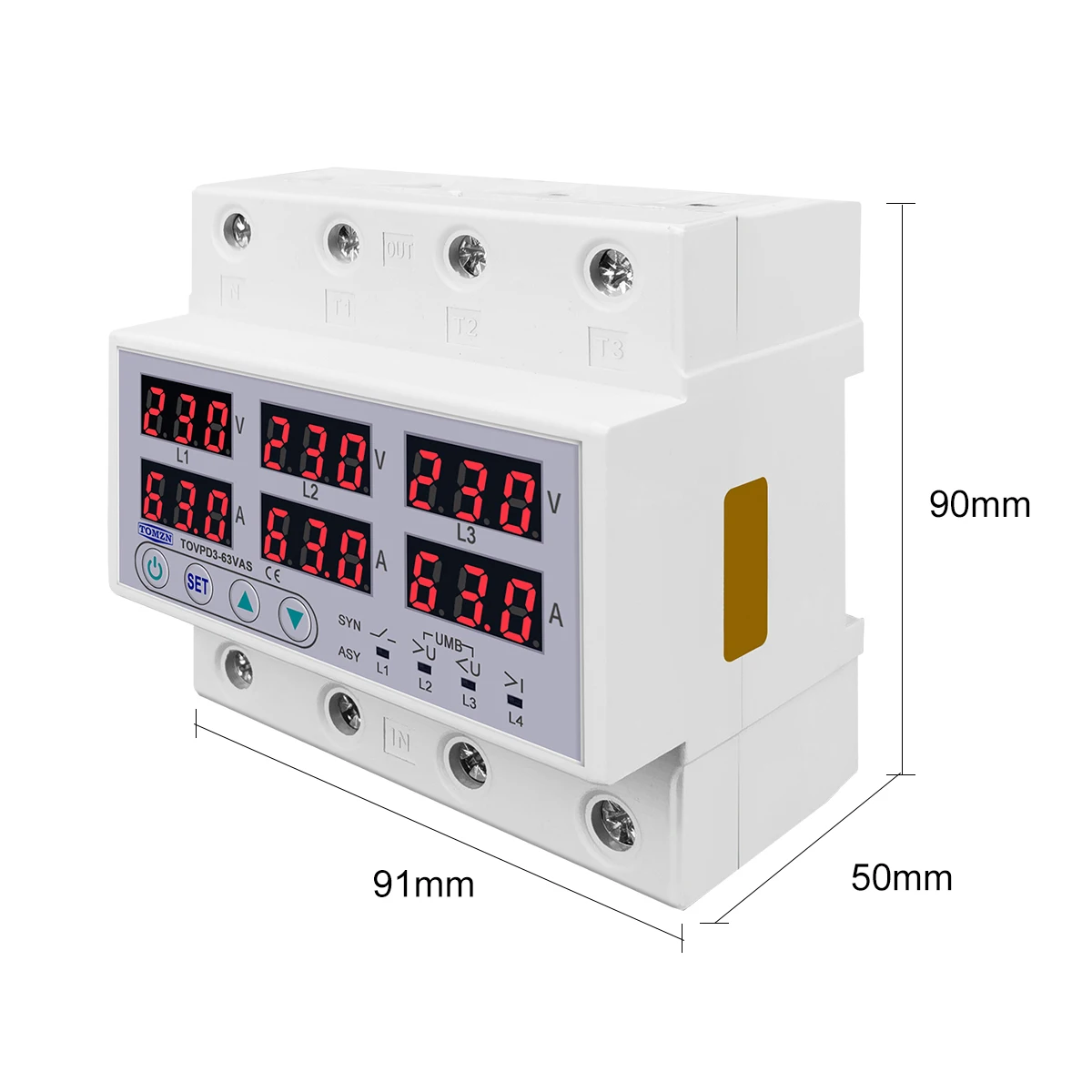 3 Phase 63A Din rail adjustable Over Under Voltage current limit protection Relay Protector SYN ASYNC Synchronous Asynchronous