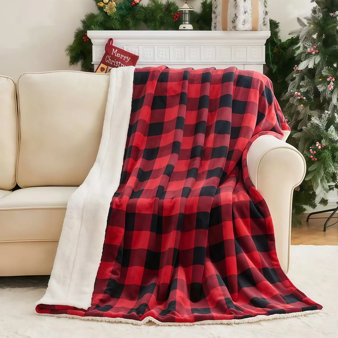 قطعة واحدة من بطانية رمي شيربا الفاخرة المريحة على طراز بوفالو منقوشة - صوف فرو صناعي فائق النعومة وقابل للعكس، ترتان أسود وأحمر #4