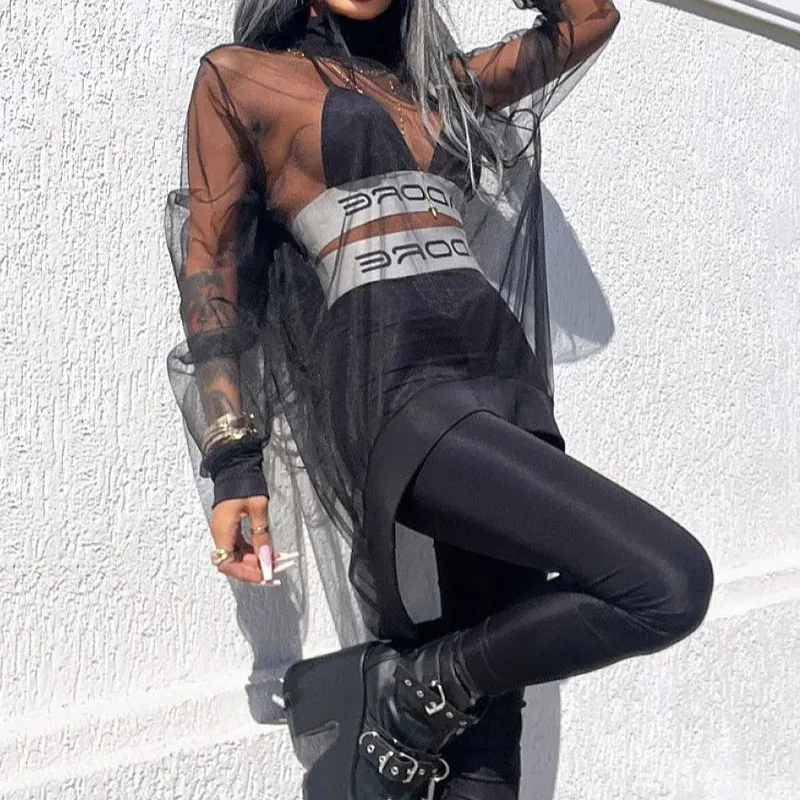 Sports Pants Set Women's 3 Pieces Set Letter Print Bra&Leggings&Mesh Long Sleeves High-Low Cover-Ups Tops Yoga Set Sports 117512