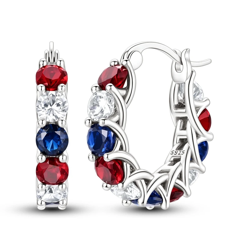 925 Sterling Silver Hoop Ear Buckle for Women Red White Blue Multicolor Round Zircon Inlaid Leverback Earrings Jewelry Gift