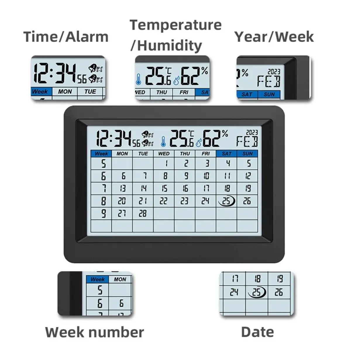 Alarm Clock Digital Calendar Wall Watch Week Number Thermometer Hygrometer Bedroom Desktop Clock 12/24 Hours Home