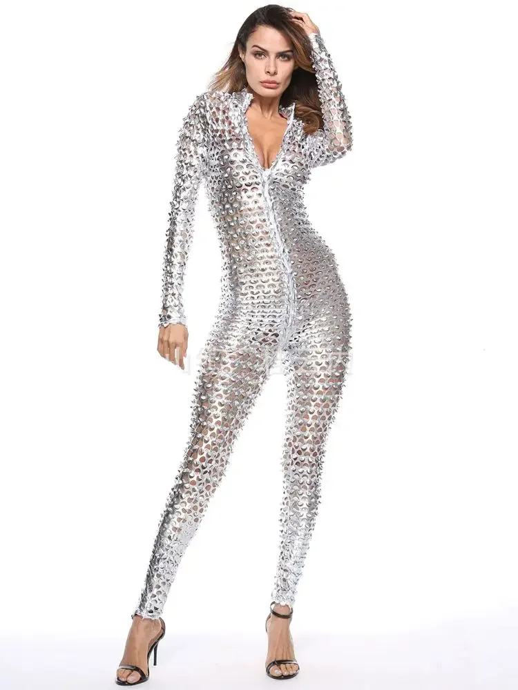 Catsuit de cuero PU brillante con aspecto húmedo, escamas de pescado, mono calado de manga larga con cremallera y entrepierna abierta, mono ajustado Sexy para discoteca