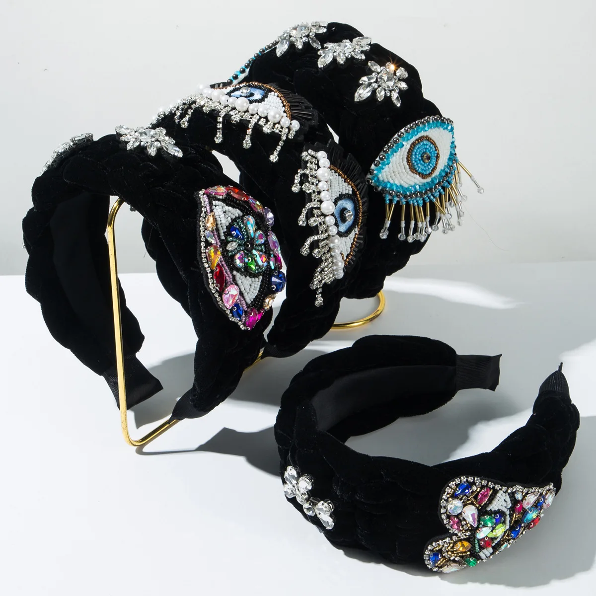

European and American Flannel Woven Twist Diamond Rice Beads Devil's Eye Headband Autumn and Winter Trend Hair Accessories