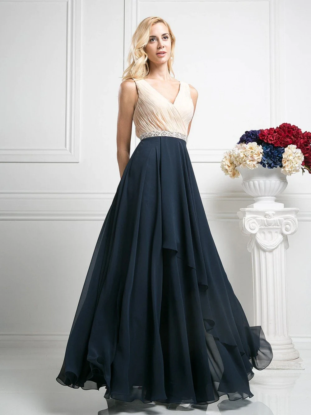 

A-line large pleated long V-neck sleeveless waist cinching dress elegant mother of the bride suits mutter die braut kleid فستان