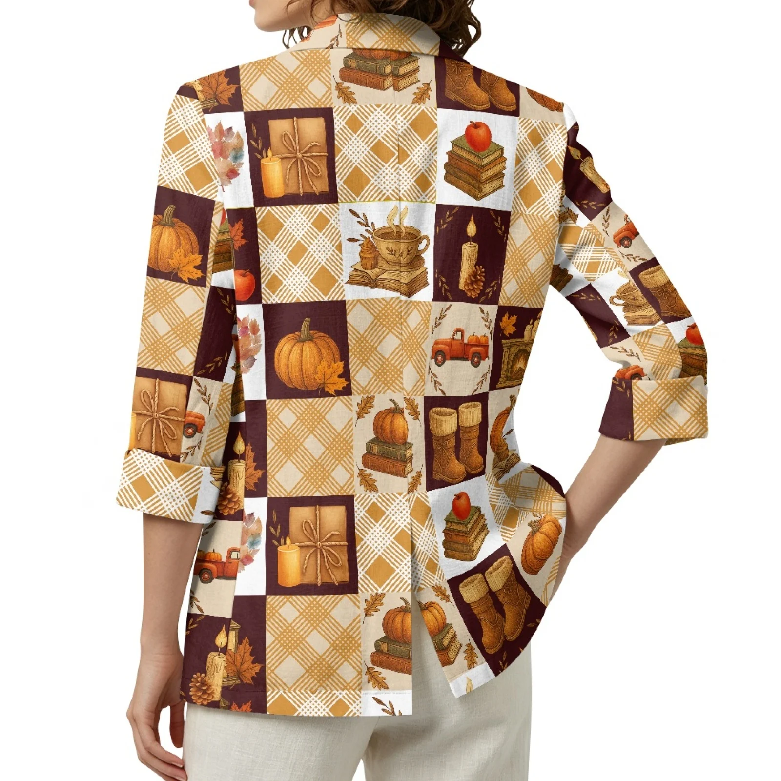 PENSTROLL Loose Linen Style Layering Top Open Front Outerwear for Daily Thanksgiving Themed