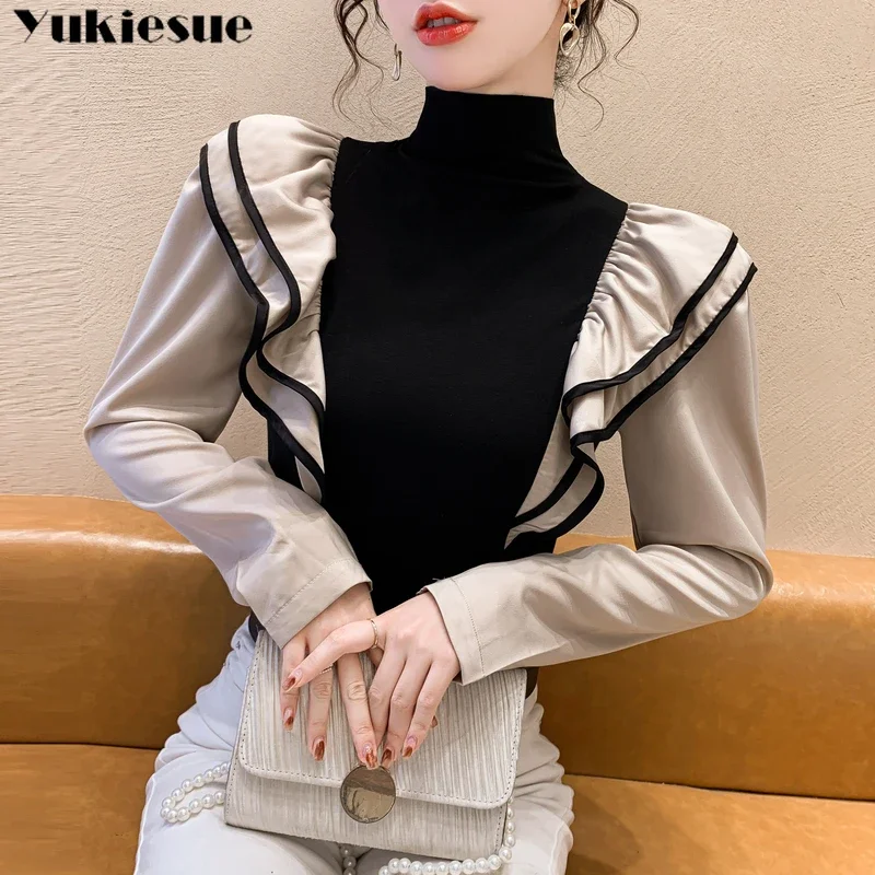 

2024 Autumn New Casual Pullovers All-match Office Lady Shirt Stylish Turtleneck Spliced Folds Ruffles Blouse Female Clothing
