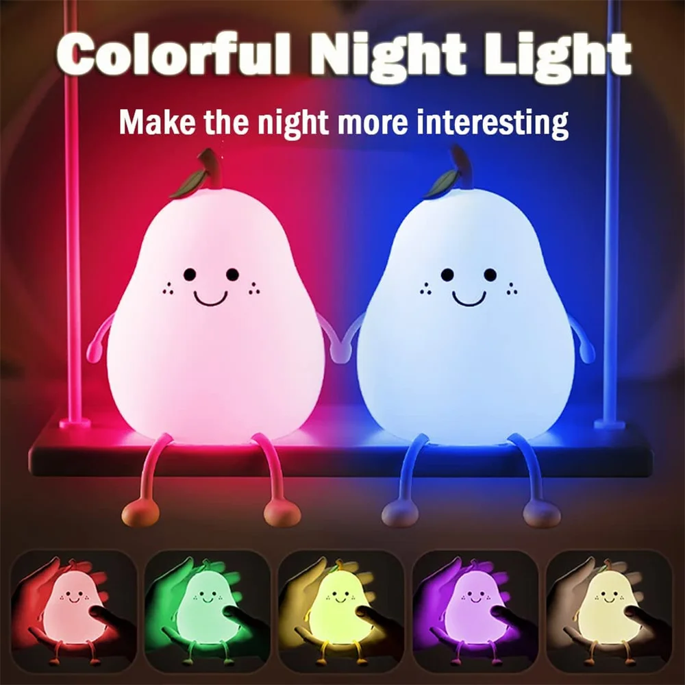 Pear Night Light Touch Portable LED Silicone Lamp Rechargeable 7 Color Changing Timer Toddler Baby Nursery Cute Nightlight