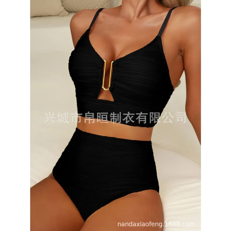Women's New Swimsuit Bikini Set Fashion Sexy V-neck Hollow Swimsuit High Waist Textured Ruffled Swimsuit Women's Bikini Women