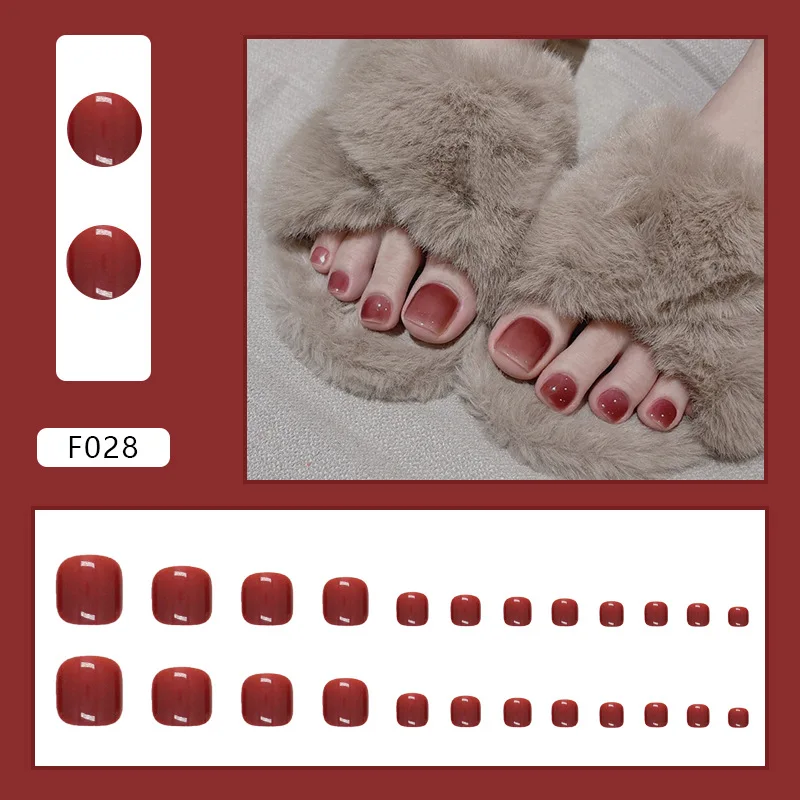 24pcs Solid Wine Red Toe Press On Nails Glossy Jelly Red Full Cover False Toenails Summer Daily Pedicure Nail Tips For Women