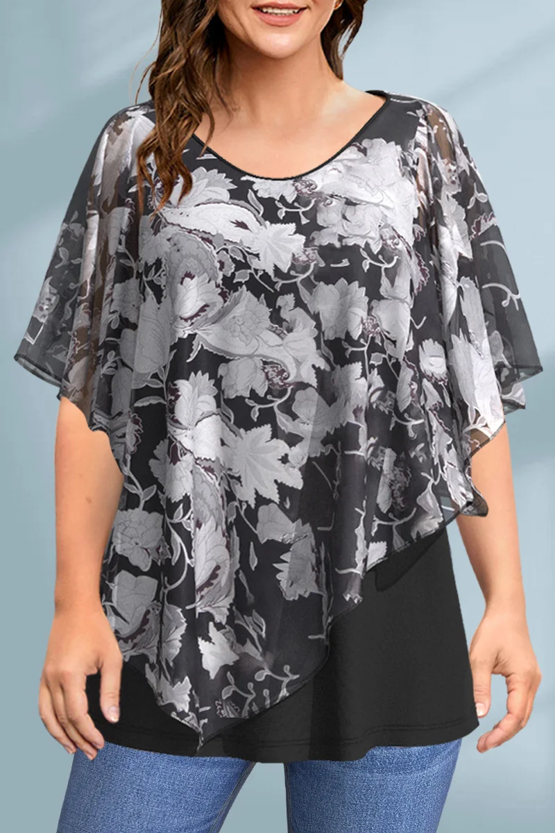 

Plus Size Women Blouse Cloak Loose Casual Floral Print Ruffle Batwing Cape Sleeve Basic Tee Top Fake Two Pieces Women Shirt Top
