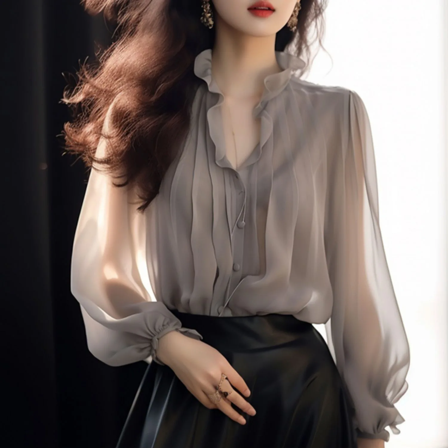 

Ruffles Full Sleeves Oversize Chiffon Shirts Tops Fashion Women's Solid Color Elegant V-neck Spring Summer French Design XQ14
