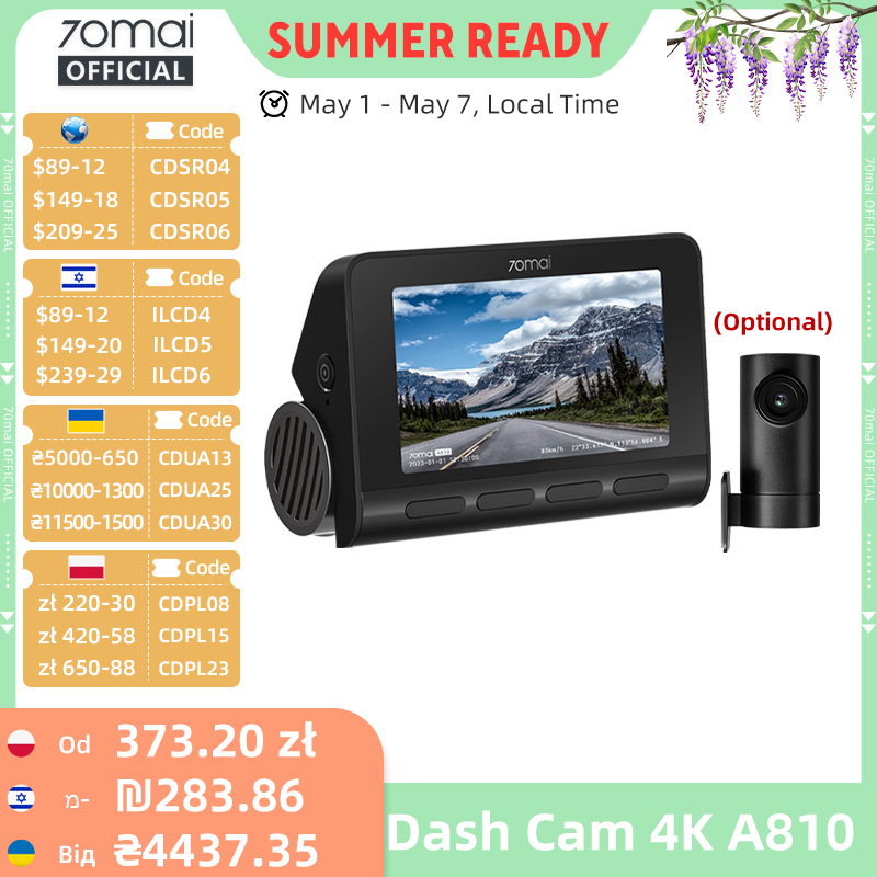  70mai 4K Dash Cam A810 Front Rear Set Suppor 4G Module LTE UP04 Remote Control GPS ADAS Car DVR 70mai A810 Car DVR 