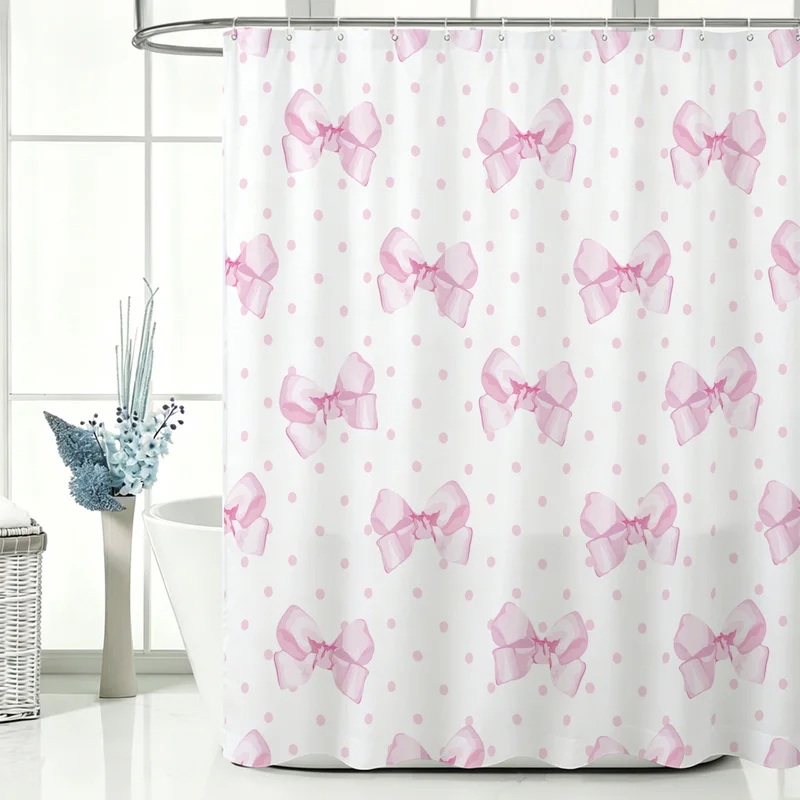 Pink Polka Dot Bow Shower Curtain,Sweet Print Waterproof Bath Curtain,Flexible Fabric Machine Washable,Bathroom Decor For School