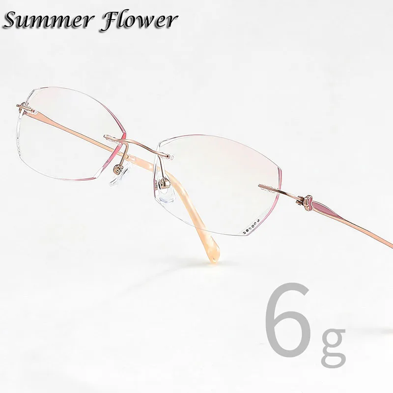 Picture 3: Customize Reading Glasses High End Titanium Rimless Frame Gradient Pink Lenses Prescription Anti Blue Ray Myopia Optical Glasses