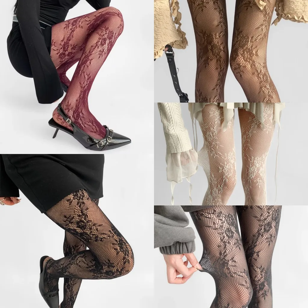 

Lace Flower Bottomed Stockings Women Gothic Black White Mesh Hollowed Pantyhose Female Sexy Floral Rattan Fishnet Tights Hosiery