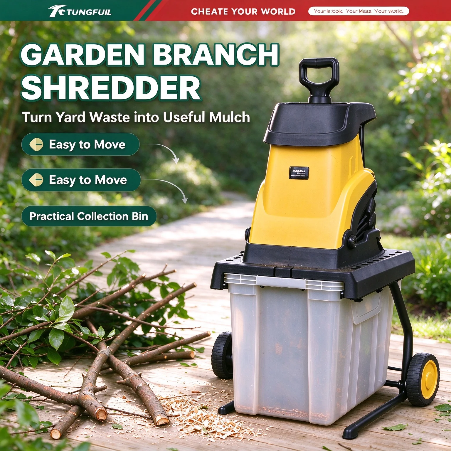 TUNGFULL 2500W Electric Wood Chipper 45mm Cutting Diameter Branch Shredder Mulcher with Collection Box for Garden Yard Waste