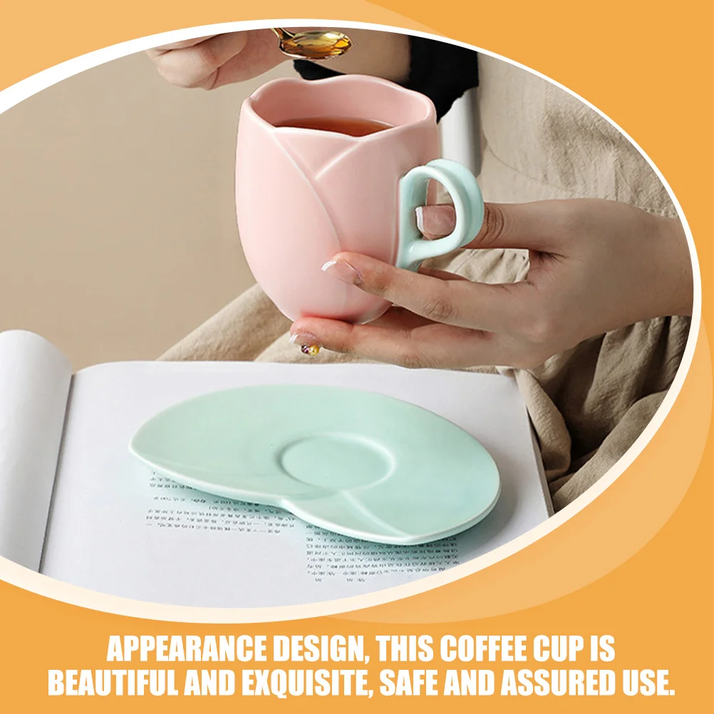 

1Set Ceramic Coffee Cup Saucer Set Tulip Shape Design Smooth Rim Heat Resistant Non Slip Bottom Easy Clean Home Office Coffee