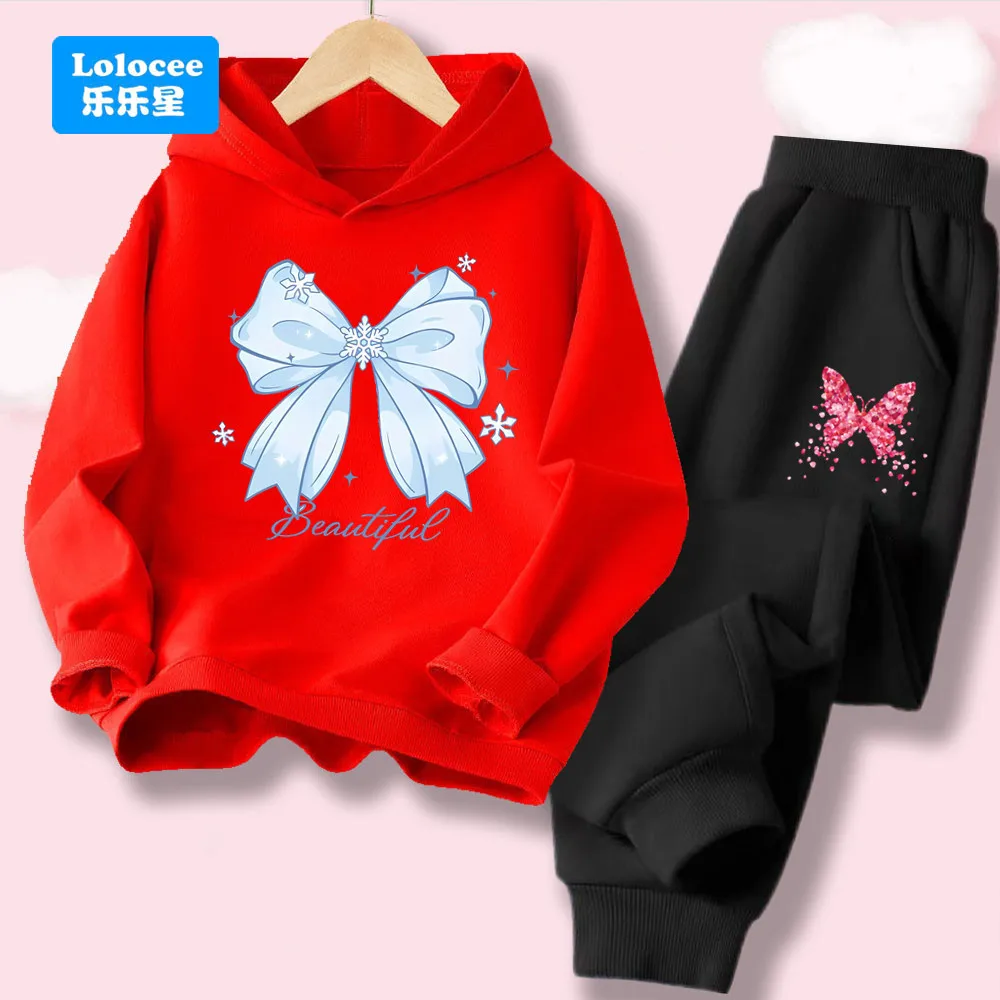 

Girls' Snowflake Bow Hoodie and Pant Set ,2pcs Kids Casual Outfit, High-Quality Children's Fashion Spring Fall Clothing HDJ1