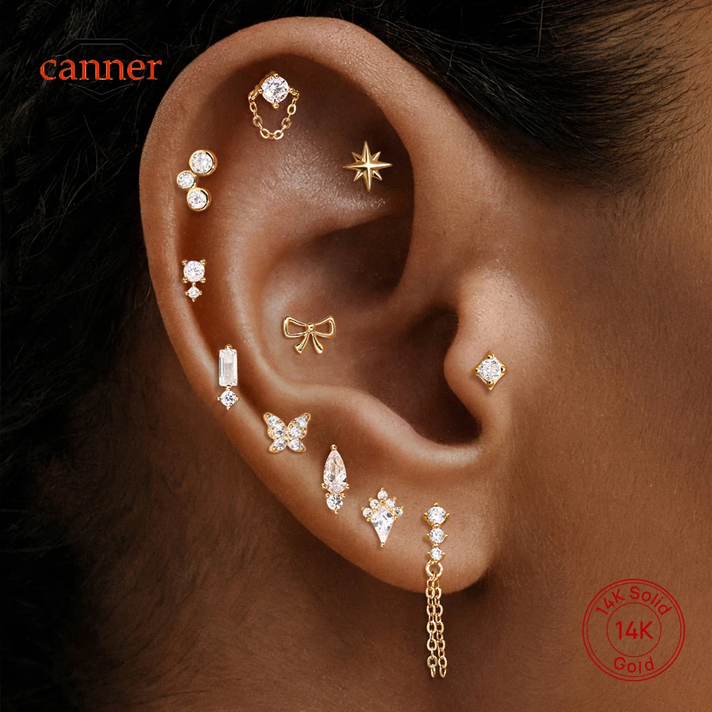 

canner 1PC 14K Solid Gold 5/6.5/8mm Eight Pointed Star Flat Head Piercing Earrings For Women Ins Love Heart-Shape Earrings Gift