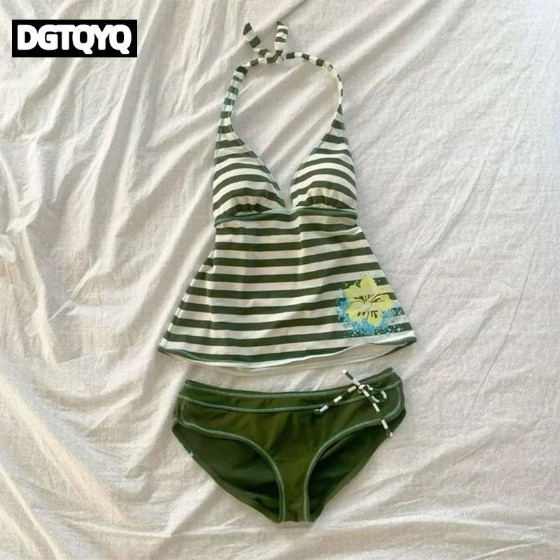 Women Summer Beach Bikini Set Sexy Slim Chic Striped Halter V Neck Swimsuit 2 Piece Vintage Casual Beachwear Split Bathing Suit