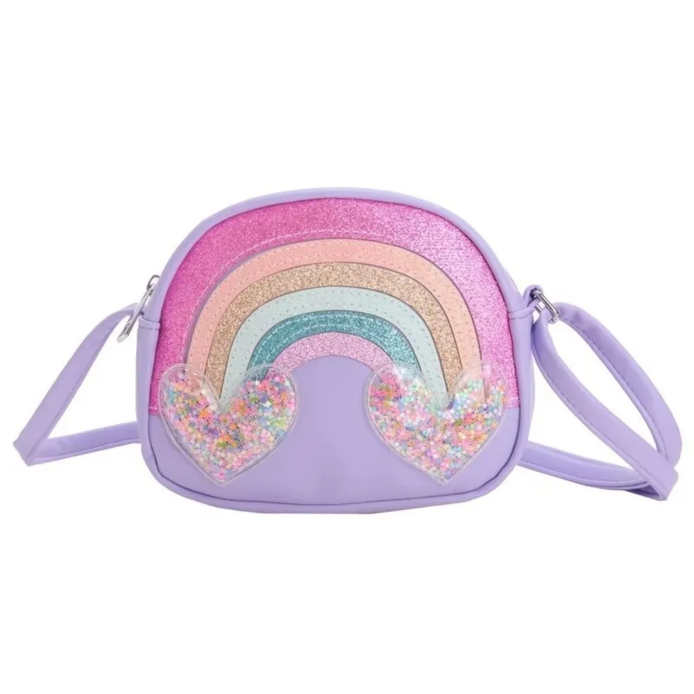 Casual PU Leather Shoulder Bags Rainbow Heart Sequins Print Coin Purse Clutch Style Portable Crossbody Bag For Girls