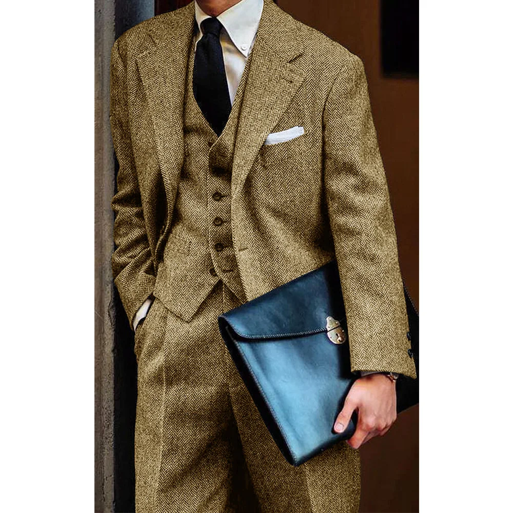 Men's Herringbone Suit 3 Piece Set Notch Lapel Single Breasted Slim Fit Comfortable Elegant Business Suit Casual Stylish Formal