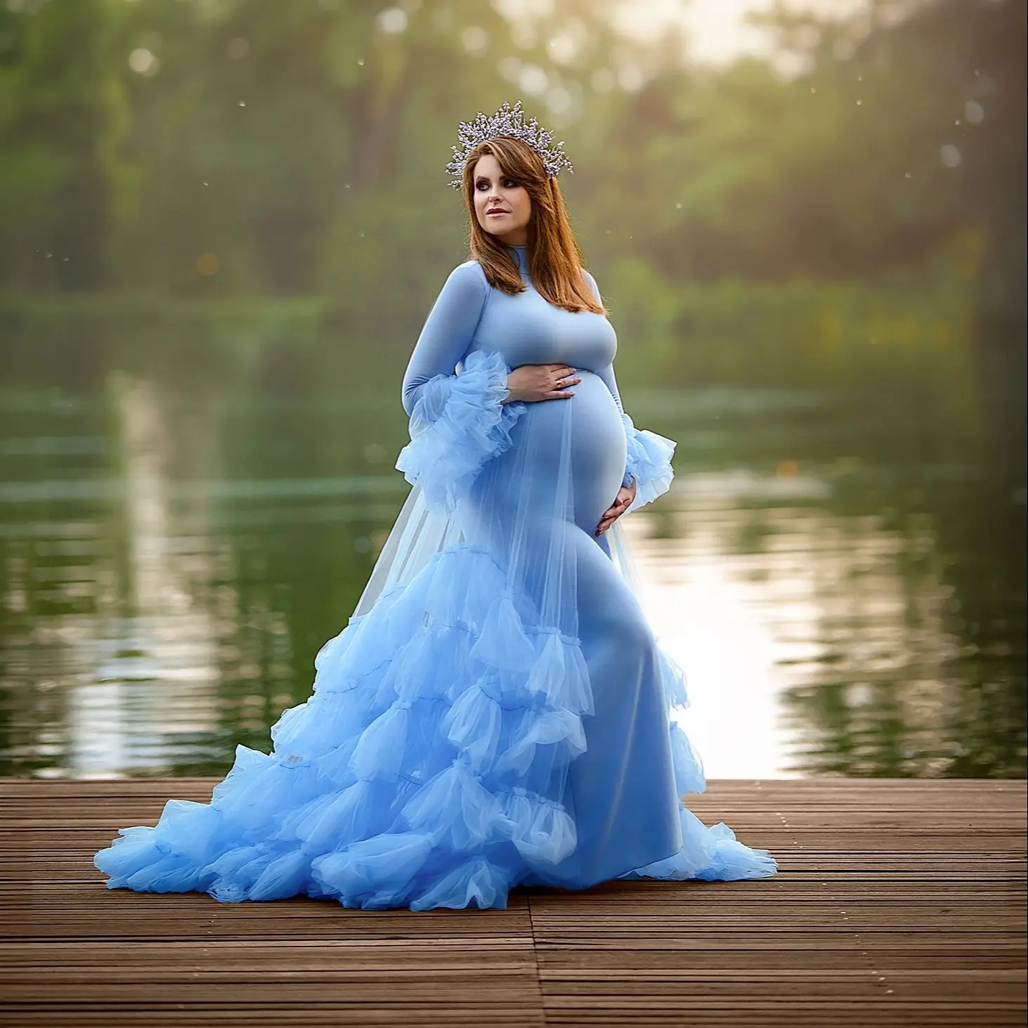 

Синие платья для беременных линии Linda Многоуровневые платья для выпускного вечера с рюшами для беременных для фотосессии Индивидуальные платья длиной до пола для детского душа