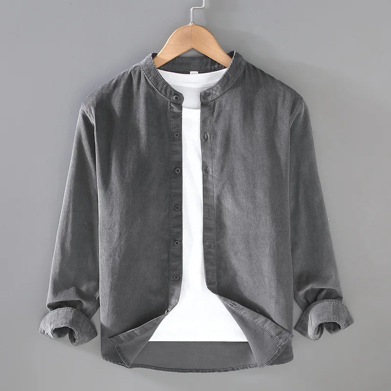 Cotton Corduroy Long Sleeve round Neck Shirt Men's Casual Retro Spring Autumn Top Pure Cotton Plain Youth Fashion Standard Fit