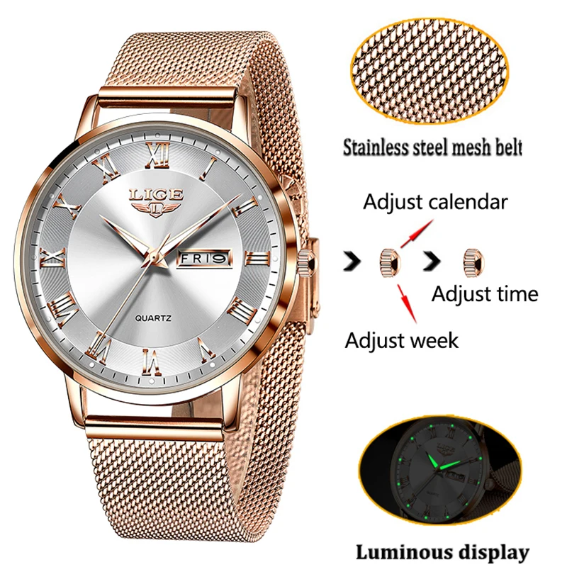 LIGE Ultra-thin Women Watches Luxury Quartz Watch Woman Fashion Bracelet Ladies Watch Waterproof Calendar Week Clock Wristwatch