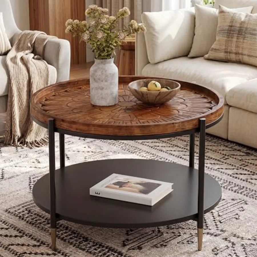 

31.5" Solid Wood Round Coffee Table, Boho Circle Center Table with Metal Storage Base and Floral Carved Tabletop, 2-Tier Living